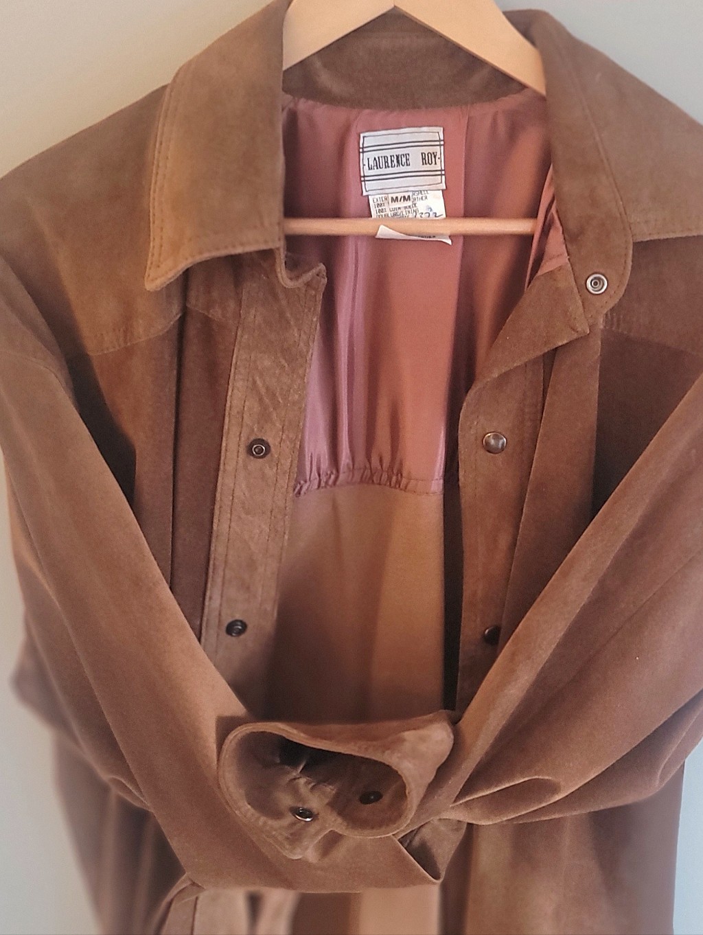Laurence Roy Leather Brown Suede Trench Coat With Waist Tie